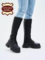 Сапоги женские демисезонные натуральная кожа берцы высокие ботфорты на шнуровке платформе каблуке Brado BPM23AW-011-black