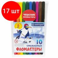 Комплект 17 шт, Фломастеры 10 цветов CENTROPEN "Пингвины", смываемые, вентилируемый колпачок, 7790/10ET, 7 7790 1086