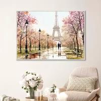 Картина на стену для интерьера "Весенний Париж", 73х103 см, на холсте бумажном, в раме, большая, годской пейзаж/Графис