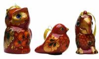 "Птички" 3 штуки в картонной коробке Набор фарфоровых елочных игрушек украшений хохлома красная коллекция