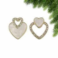 Серьги пусеты Серьги гвоздики сердечки со стразами, искусственный камень, эмаль, размер/диаметр 10 мм, золотой, белый