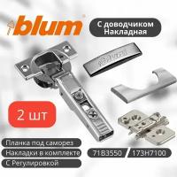 Петля мебельная BLUM 71B3550 CLIP TOP BLUMOTION, накладная, со встроенным доводчиком, с накладками и ответной планкой с эксцентриком 173H7100 под саморез. Комплект из 2 шт для кухонного фасада, шкафа