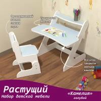 Растущий детский стол с полочкой под книги и игрушки и стул. Набор мебели для мальчиков и девочек для детской комнаты. Цвет голубой