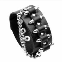 Кожаный браслет на руку с пулями и цепочкой чёрный в стиле рок, панк, байкер, готика стиль, унисекс, мужской/женский/для подростков, на кнопках