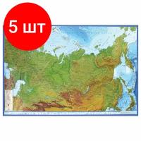 Комплект 5 шт, Карта России физическая 116х80 см, 1:7.5М, с ламинацией, интерактивная, европодвес, BRAUBERG, 112393