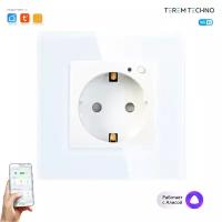 Умная WiFi встроенная розетка Terem Techno с Алисой 16А Tuya / Smart Life / Digma с таймером стеклянная белая с голосовым управлением умным домом с заземлением и защитными шторками