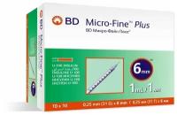 Инсулиновый шприц 1 мл с интегрированной иглой U100 BD Micro-Fine Plus 31G 0,25 x 6 мм, Becton Dickinson, 100 штук