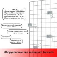 Набор Сетка торговая d8/4мм, 1шт + Крючки одинарные 150мм, d5/d4мм 30шт, Цинк-хром + Карман для ценника VH39х70 мм 30 шт