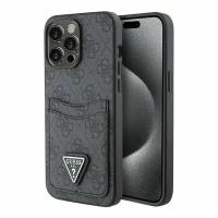 Guess для iPhone 15 Pro чехол кожа PU с принтом 4G и двойным карманом для карт с метал лого Triangle, черный