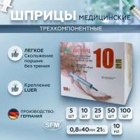 Шприц 2 мл трехкомпонентный, медицинский, для инъекций и уколов, с иглой крепление луер 0,6 x 30 - 23G, SFM Hospital Products GmbH, Германия, 100 штук