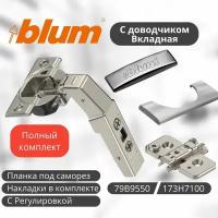 Петля Clip Top Blumotion 79B9550 вкладная под фальш-панель (открывание 83 градуса) с ответной планкой 173H7100 с эксцентриком, заглушкой на плечо, заглушкой на чашку