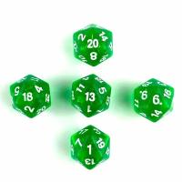 Кубик двадцатигранный зеленый прозрачный (D20) для настольных и ролевых игр, набор 5 штук
