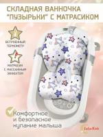 Ванночка складная с термометром для купания новорожденных LaLa-Kids, матрасик-горка для купания Звезды фиолетовые