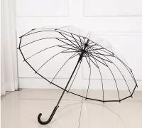 Зонт трость прозрачный безцветный большой. антишторм, полуавтомат, 16 спиц, ручка крюк