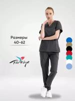 Медицинский костюм женский стрейч серый с брюками джоггерами и карманом на бедре, до больших размеров, Сizgimedikal Uniforma, Турция