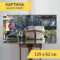 Картина на ОСП 125х62 см. "Лодка, плавучий дом, судно" горизонтальная, для интерьера, с креплениями