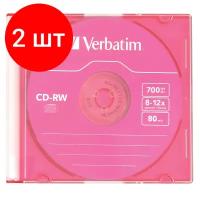 Комплект 2 шт, Диск CD-RW VERBATIM, 700 Mb, 8х-12х, Colour Slim Case, 43167