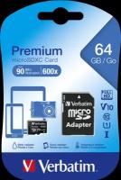 Карта памяти Verbatim 64Gb 90MB/s MicroSD Premium Class 10 с адаптером