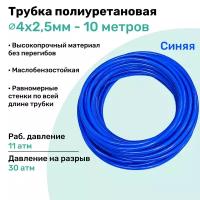 Трубка пневматическая полиуретановая 98A 4х2,5мм - 10м, маслобензостойкая, воздушная, Пневмошланг NBPT, Синяя