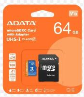 Карта памяти ADATA microSDXC 64 ГБ Class 10, V10, A1, UHS-I U1, R/W 100/25 МБ/с, адаптер на SD, 1 шт, черный