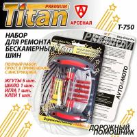 Набор для ремонта бескамерных шин Titan PREMIUM (жгуты 5шт., игла, шило, клей), T750