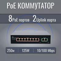 Коммутатор (свитч) PoE 8 портов +2 LAN для IP видеонаблюдения