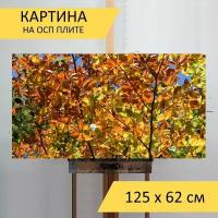 Картина на ОСП 125х62 см. "Листы, ветви деревьев, цвет осени" горизонтальная, для интерьера, с креплениями