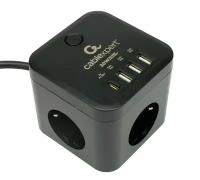 Сетевой фильтр Cablexpert Cube, 3 розетки, 1xType-C, 3xUSB, 1.5м, черный, коробка