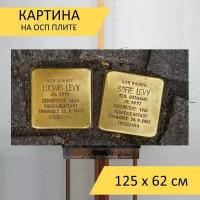 Картина на ОСП 125х62 см. "Камни преткновения, мемориальные доски, латунь доске" горизонтальная, для интерьера, с креплениями