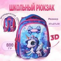 Рюкзак школьный для девочки 1-3 класс, с агрономической спинкой. Единорог