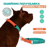 Ошейник-полуудавка, мартингейл, CORADOG Follow it, для средних и крупных собак, бирюзовый оранжевый, размер M 35-49 см, ширина 2,5 см