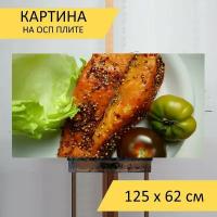 Картина на ОСП 125х62 см. "Лосось, копченый лосось, рыбы" горизонтальная, для интерьера, с креплениями