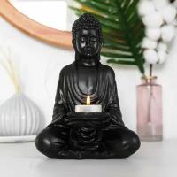 Статуэтка из гипса Сидячий Будда с тарелкой, чёрный матовый, эмаль, 21 см / подсвечник / подставка под благовония