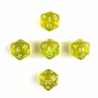 Кубик двадцатигранный желтый прозрачный (D20) для настольных и ролевых игр, набор 5 штук