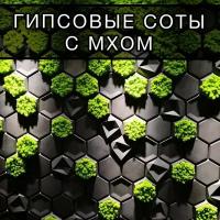 соты с мхом, 3д панели для стен 23,5х20,5см 12шт, украшение настенное интерьерное, панно, черный матовый