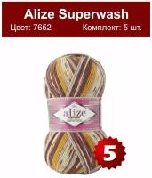 Пряжа для вязания крючком, спицами Alize Ализе Superwash100, тонкая/шерсть/полиамид, цвет 7652, бело-желто-коричневый, 5 шт. по 100 г, 420 м