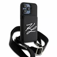 Karl Lagerfeld для iPhone 15 Pro Max чехол из кожи PU Saffiano Autograph с ремешком Кроссбоди+картхолдер, черный