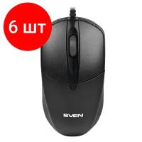 Комплект 6 шт, Мышь проводная SVEN RX-112, USB, 2 кнопки+1 колесо-кнопка, оптическая, черная, SV-03200112UB