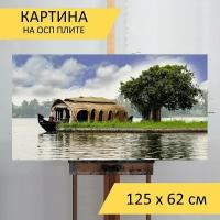 Картина на ОСП 125х62 см. "Керала плавучий дом, бронирование хаусбот, пакет хаусбот" горизонтальная, для интерьера, с креплениями