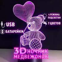 "Мишка с сердцем и шаром" - 3D светильник-ночник для ребенка и девушки