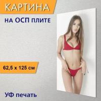 Вертикальная картина на ОСП "Ню, бикини, красный" 62x125 см. для интерьериа