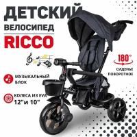 Велосипед трехколесный детский Tech Team RICCO, с ручкой для родителей, велосипед-коляска, складная крыша, 2 угла наклона спинки, колеса 12 и 10 дюймов. Черный