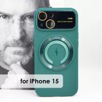Чехол Magsafe силиконовый для iphone 15 с защитой камеры, soft touch, закрытый низ, цвет тёмно-зелёный