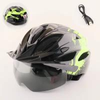 Шлем велосипедный с магнитным визором и задним фонарем LED, USB зарядка (черно-зеленый, +козырек) HO-86