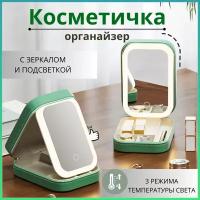 Косметичка-органайзер "Бьюти кейс" с зеркалом, 16,5x6x11,5 см, зеленая