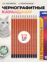 Карандаш чернографитный деревянный НВ QREDO с ластиком, заточенный трёхгранный, упаковка 12шт