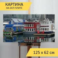 Картина на ОСП 125х62 см. "Город берегово, гавань, плавучие дома" горизонтальная, для интерьера, с креплениями