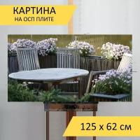 Картина на ОСП 125х62 см. "Терраса, веранда, мебель садовая" горизонтальная, для интерьера, с креплениями