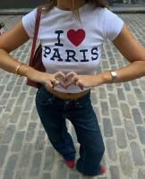 Футболка с принтом на груди I love Paris укороченная женская