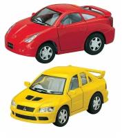 Металлическая машинка KinsFun Мультяшные Mitsubishi Lancer Evolution 7 / Toyota Celica, KT4010-11D инерционная, 10 см. / Микс 1 шт